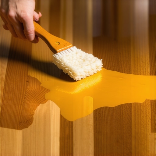Person applying oil finish to a wooden floor with lambswool applicator, showing detailed work on the surface.