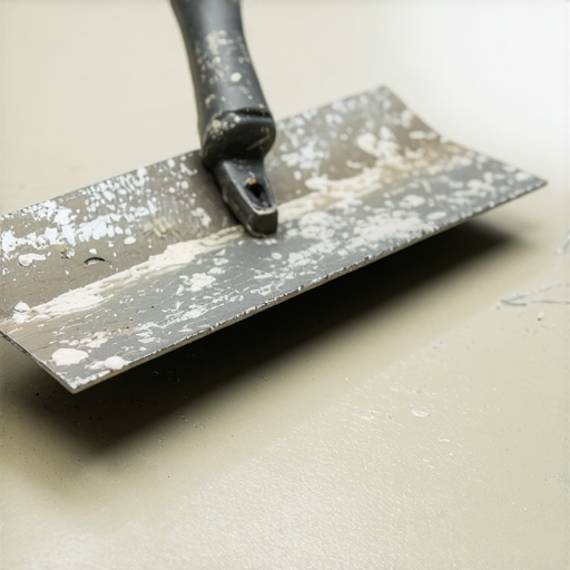 Close-up image of a trowel spreading self-leveling compound smoothly on a concrete subfloor to ensure evenness for tile installation.