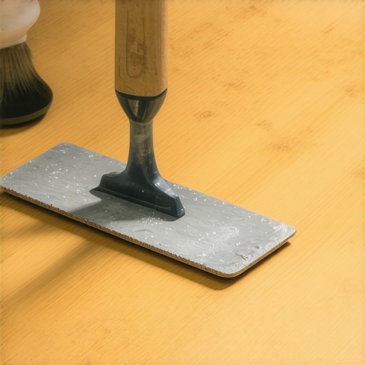 Close-up image of a flooring professional spreading adhesive with a trowel on a subfloor for bamboo flooring