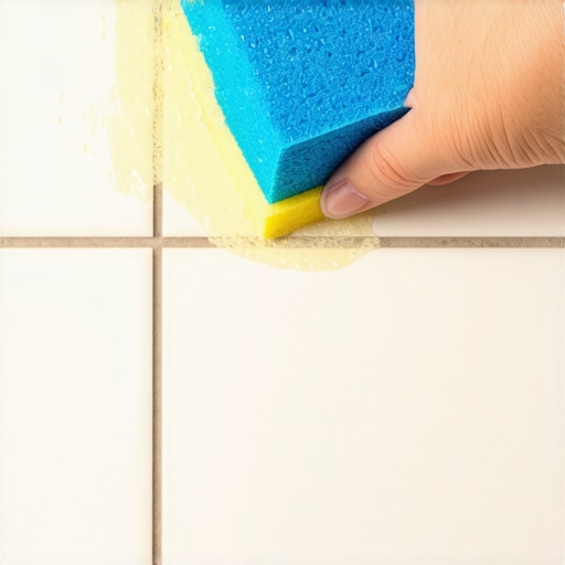 Hand wiping tile grout with a damp sponge to achieve a smooth, uniform finish.