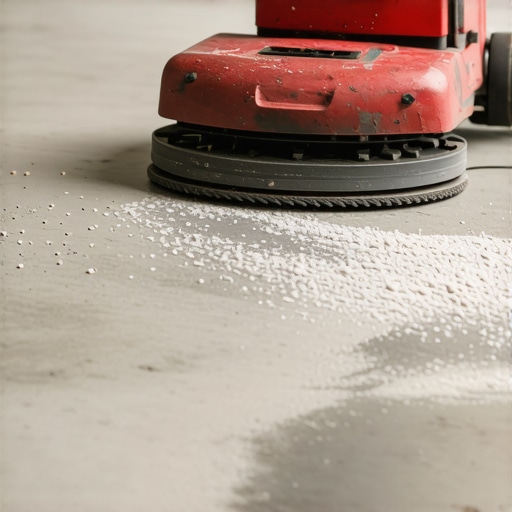 Concrete being sanded with a floor grinder to create a rough texture for epoxy adhesion.