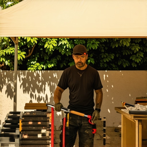 Tiler working in shaded area with tools and materials
