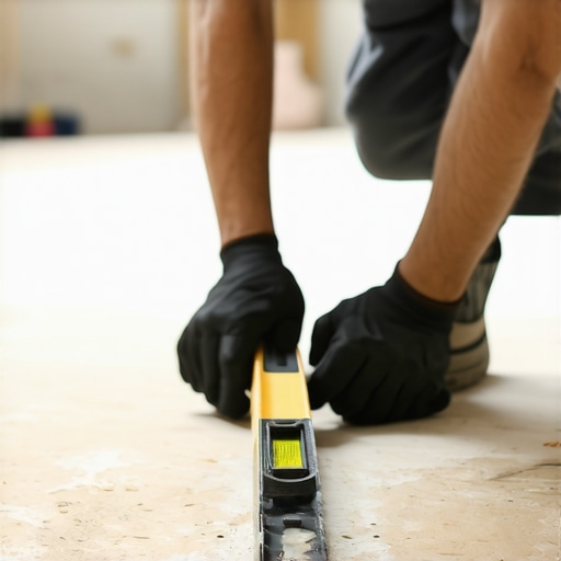 Person measuring uneven subfloor with a level for squeak fixing