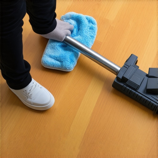 Person wiping and vacuuming hardwood floor for dust removal