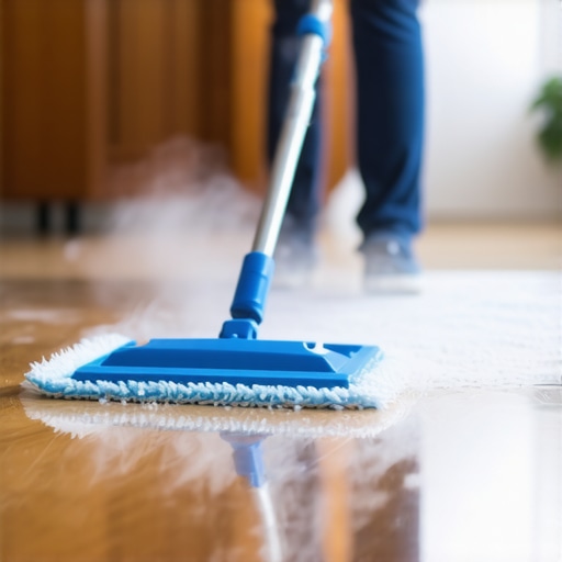 Person cleaning hardwood and tiled floors with microfiber mop and steam cleaner.
