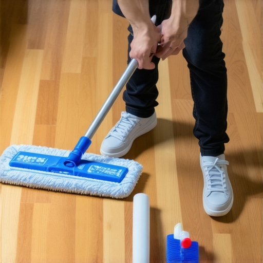Homeowner cleaning hardwood and tile floors with specialized tools
