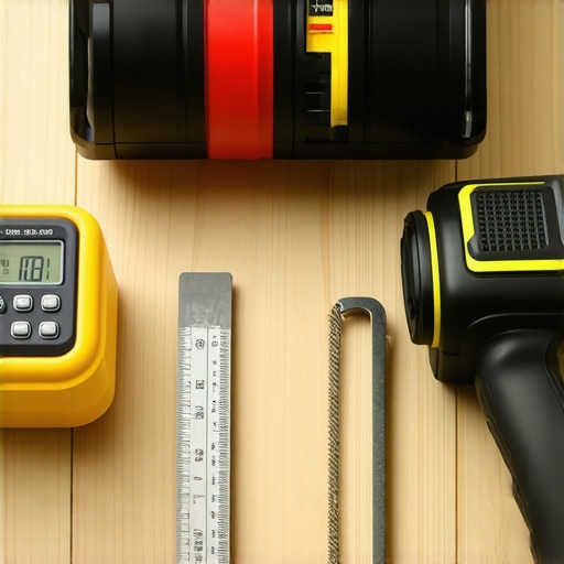 Professional tools for flooring installation and maintenance laid out on a wooden surface.