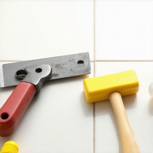 A collection of specialized flooring tools laid out, showcasing equipment used for installation and maintenance, with a finished tile floor behind.