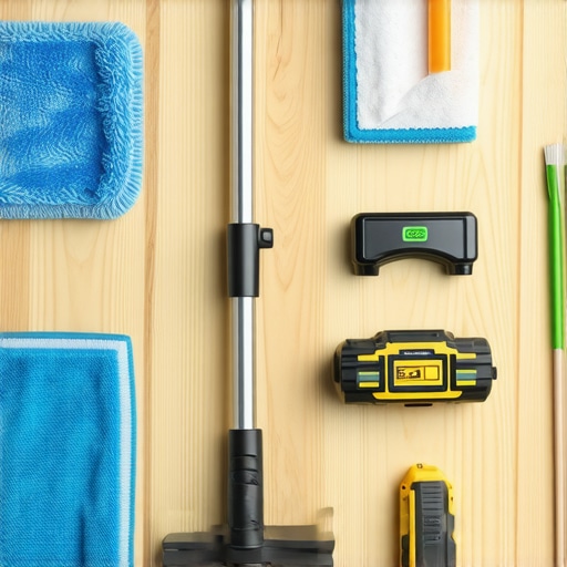 A toolkit featuring cleaning and repair tools for hardwood floors.