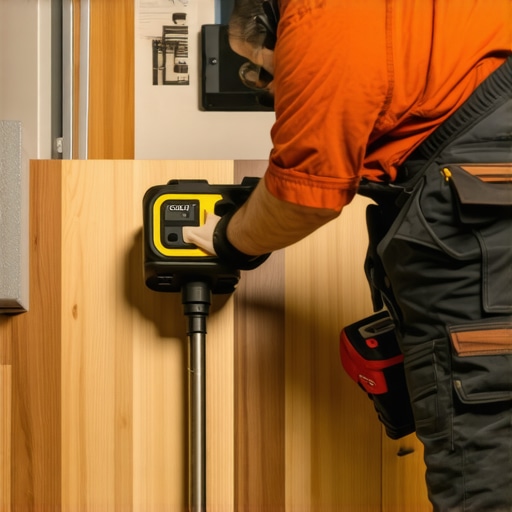Expert Floor Maintenance Tools in Action Professional inspecting hardwood and tile floors using laser level and cleaning tools.