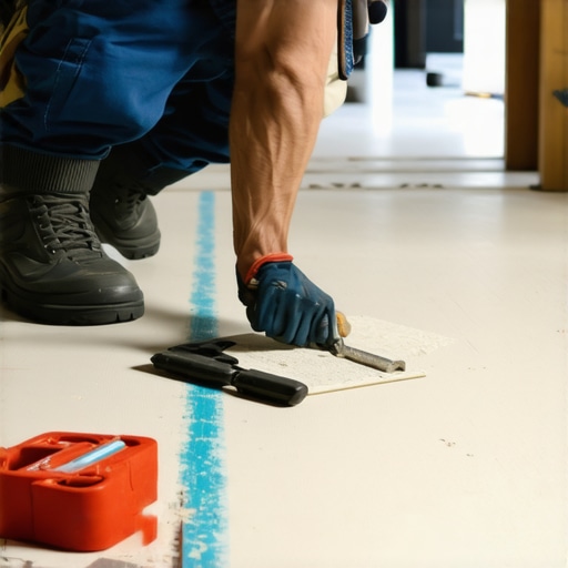 Expert inspecting subfloor for levelness Flooring professional measuring subfloor for imperfections with tools