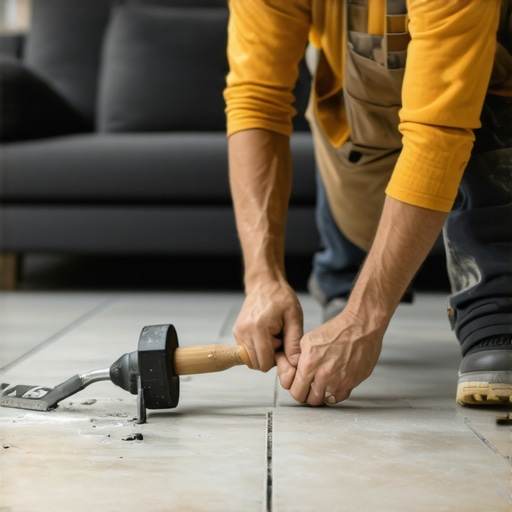 A professional repairing a loose tile with a rubber mallet and adhesive spread on the floor.