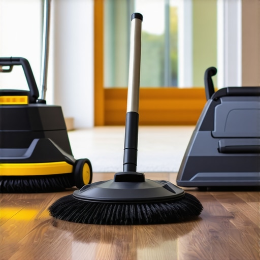 Close-up of a set of professional-grade cleaning and leveling tools used for flooring maintenance.