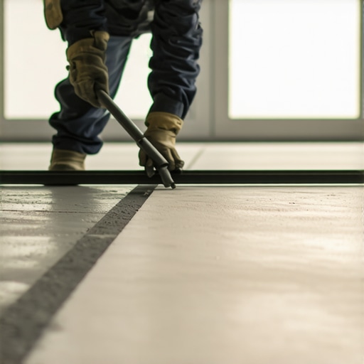 Worker using a straightedge to level a concrete floor with leveling compound