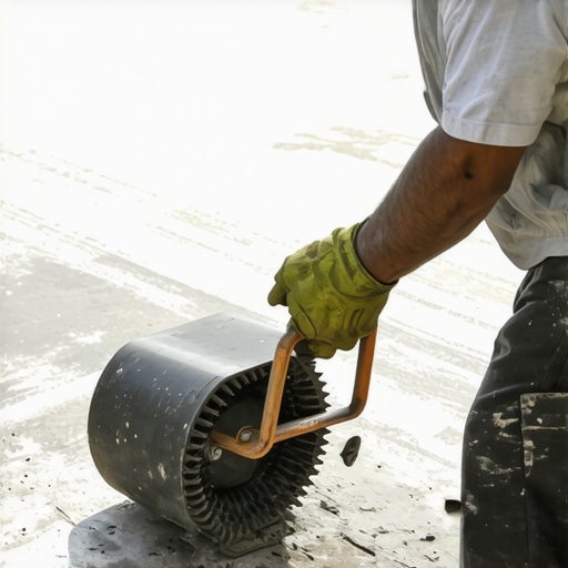 Worker smoothing self-leveling compound on a concrete subfloor using a spiked roller