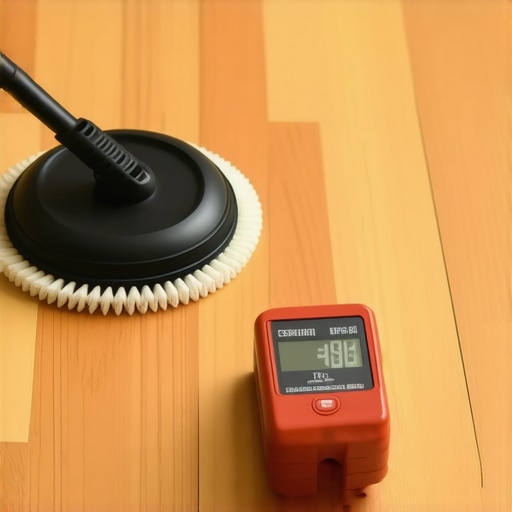 Floor maintenance tools in use A person using a buffer and moisture meter on hardwood floors for upkeep.