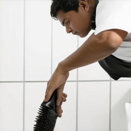 Person cleaning grout lines on a tile floor with a brush and neutral cleaner
