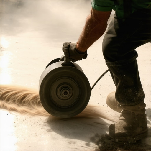 Worker using a concrete grinder to level uneven spots on a subfloor.