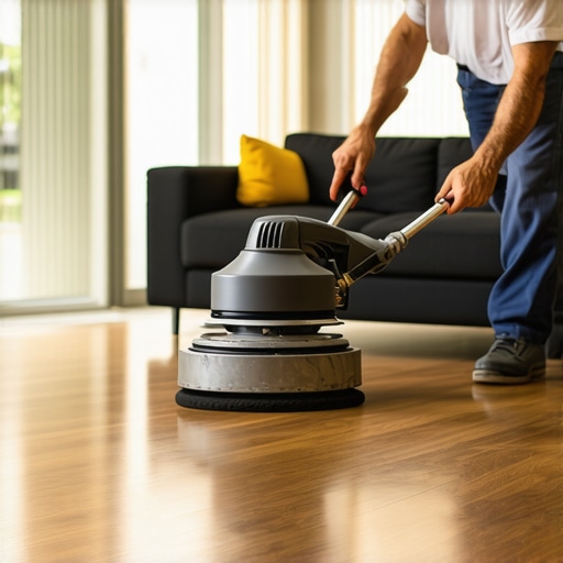 A person using a buffer to polish hardwood floors to a high shine