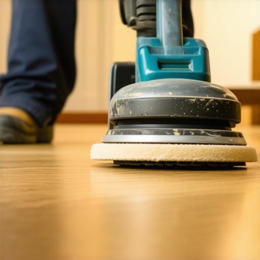 Person using orbital buffer on hardwood floor with soft pad for polishing.