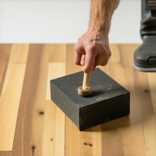 Close-up image showing a carpenter tapping hardwood planks with a mallet and tapping block during floor installation.