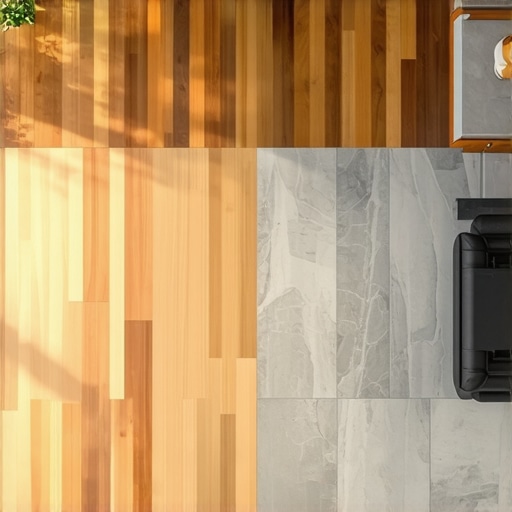 Living room with hardwood floors and coordinated tiles with matching textures and color schemes