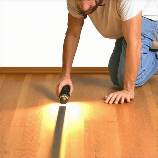 Inspecting hardwood flooring with proper tools Person using flashlight and straightedge to check hardwood floor for maintenance