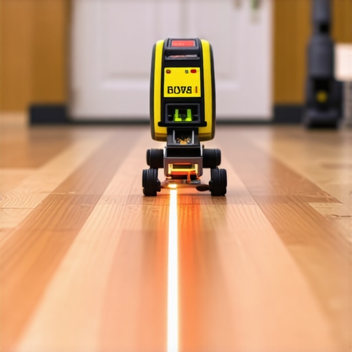 Professional laser level projecting line over hardwood floor indicating levelness.
