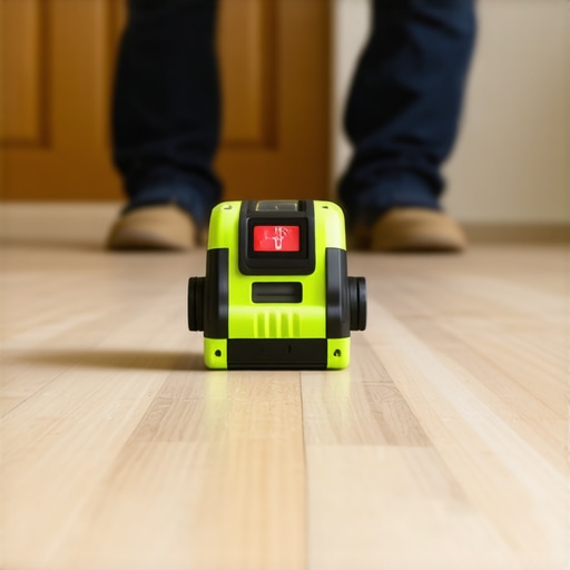 Person using a laser level on a wooden floor for accurate leveling.