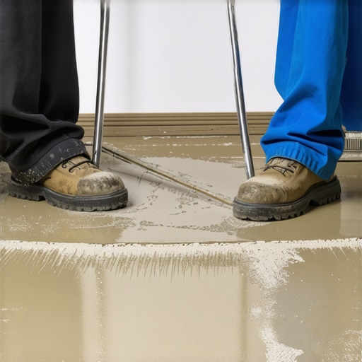 A floor technician using a trowel to apply leveling compound on a concrete slab, ensuring smoothness and flatness.