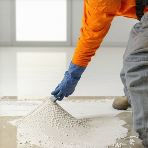 A skilled worker evenly pouring self-leveling floor compound with a spiked roller nearby.