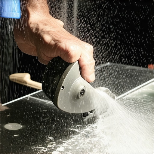 Close-up image of a diamond blade cutting through a glass tile with water spray for cooling