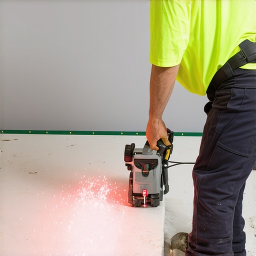 Person operating a laser level for floor installation