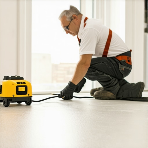 Precision Laser Leveling for Perfect Flooring Professional flooring technician calibrating laser level in a spacious room
