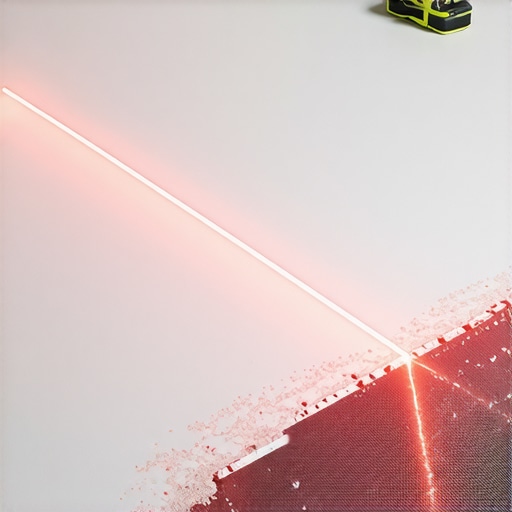 A detailed view of a laser-level-guided leveling process on a wooden subfloor.