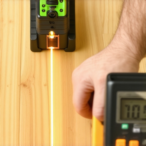 Precision Tools for Flooring Maintenance A technician measuring a hardwood floor with a laser level and moisture meter for proper maintenance