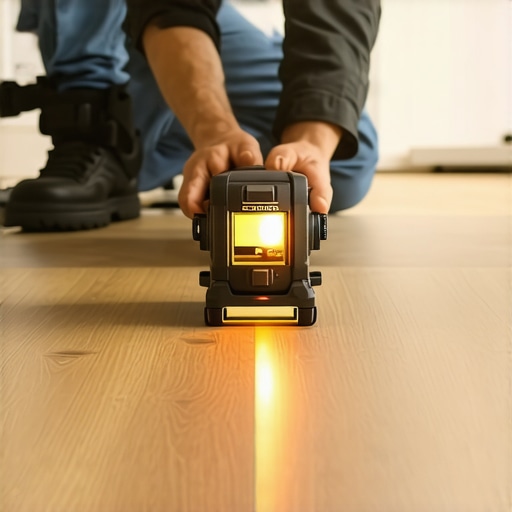 Flooring technician using laser level for alignment on hardwood and tile surfaces