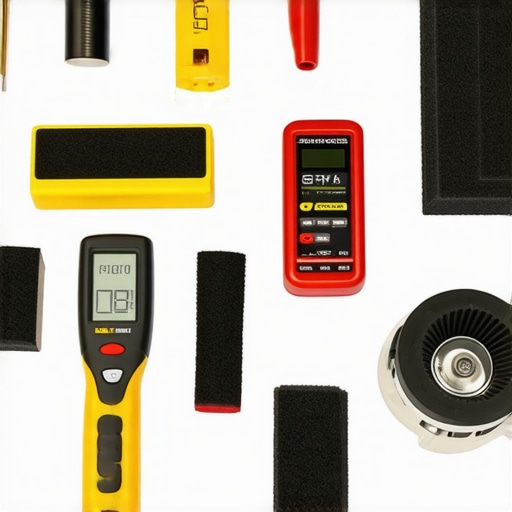 Premium flooring maintenance tools A set of professional tools for floor maintenance including buffers and moisture meters.