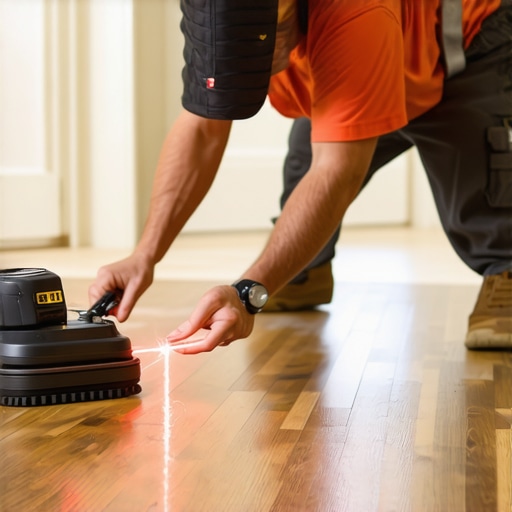 Pro Tools for Floor Maintenance A professional maintaining hardwood floors with laser level and buffer machine.