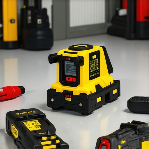 Professional Floor Leveling Tools A set of high-quality tools including a laser level, trowels, and cleaning supplies arranged for flooring installation.