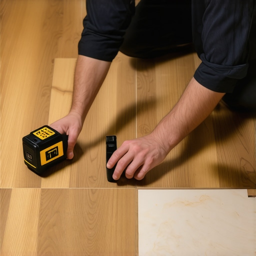 Professional Floor Maintenance Tools in Action A person measuring a hardwood floor with laser and moisture tools