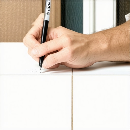 Proper Marking Techniques for Marble Grout Person marking grout lines with a white marker on marble tiles.