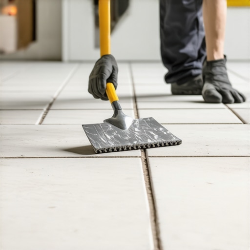 Proper Thinset Application in Tile Installation Close-up of a trowel spreading adhesive on a tile subfloor