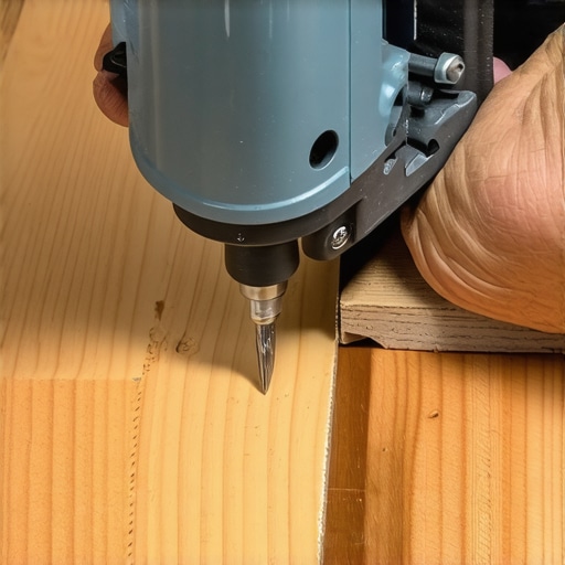 A close-up of a stapler carefully installing staples into red oak wooden planks, illustrating correct technique