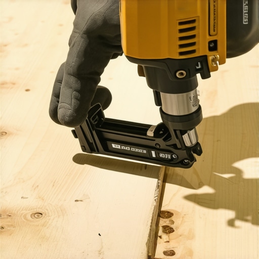 Nail gun securely fastening plywood subfloor edges
