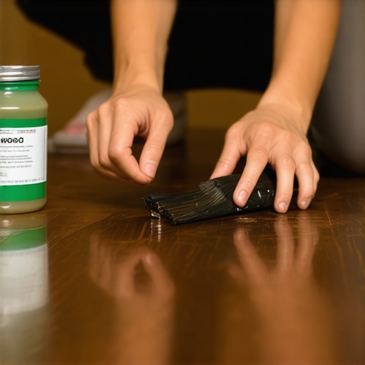 A hand using a wax stick to fix a scratch on a dark walnut hardwood floor