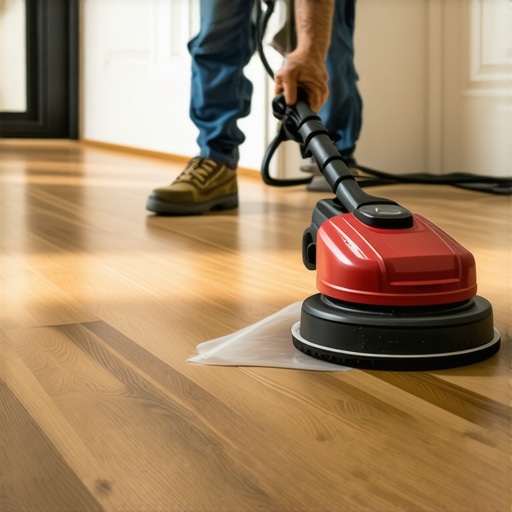 A person using a power buffer to sand a hardwood floor at an angle for a smooth, even surface