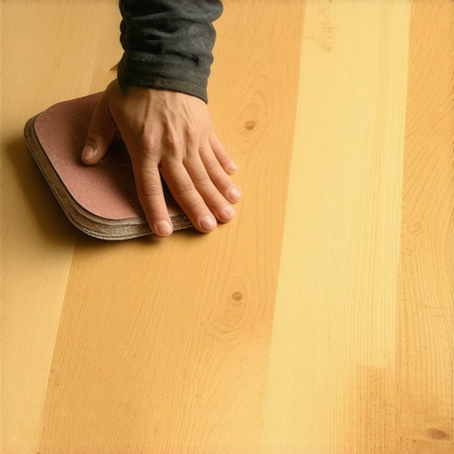 Person sanding a wooden floor to remove water stain imperfections.