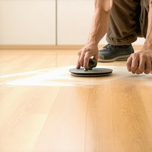 Person sanding hardwood floor with fine-grit sandpaper in bright workshop