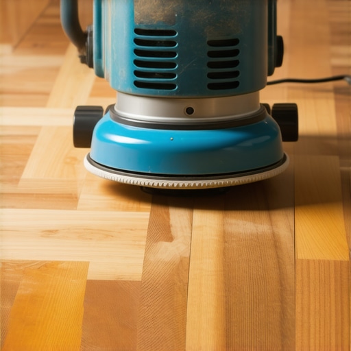 A professional using a floor sander on reclaimed Heart Pine wood, showcasing the sanding process with dust management.